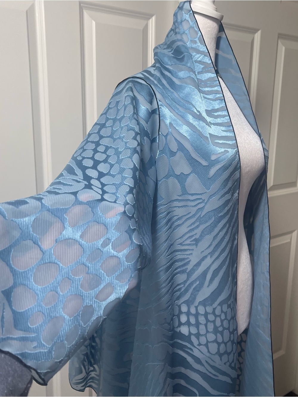 Caron Miller Blue Jacquard Chiffon Topper Wrap Scarf Sheer Burnout 3/4 Sleeve OS - Picture 7 of 17